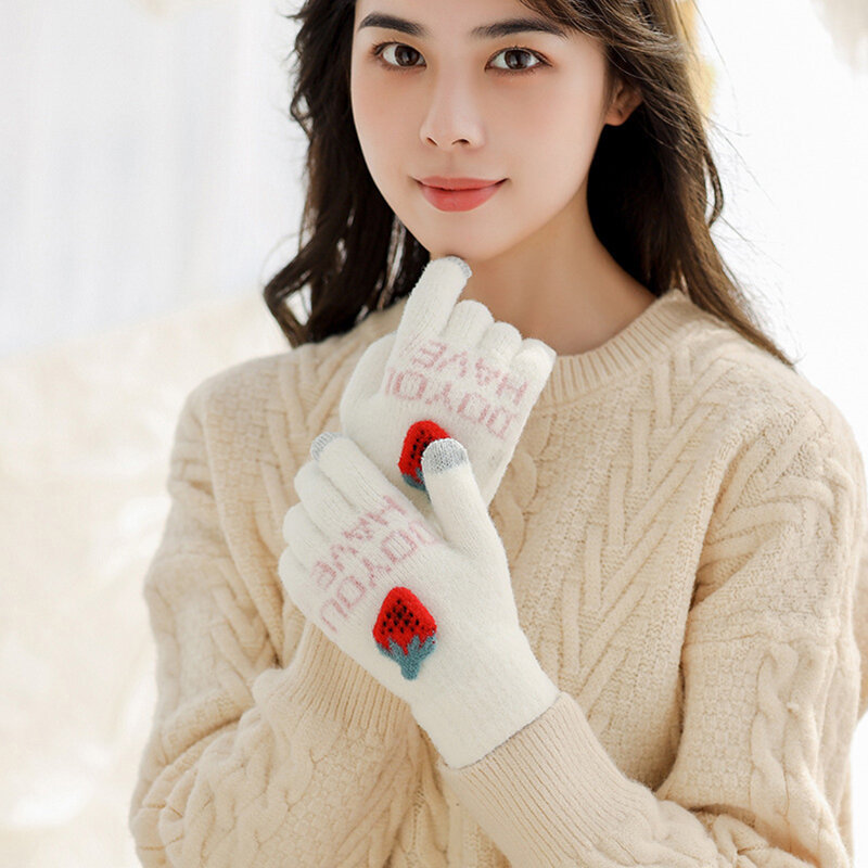 Женские зимние милые вязаные теплые варежки в виде клубники, женские модные офисные перчатки с пальцами для сенсорного экрана T59