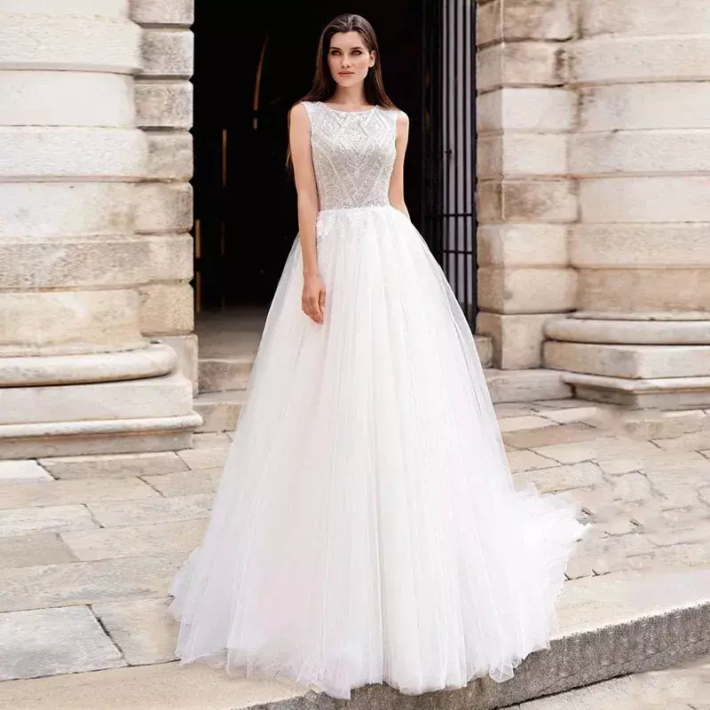Classic a Line wedding sleeveless applique sequin tulle sweep train elegant Princess Long Beach Auditorium bridal gown for women
