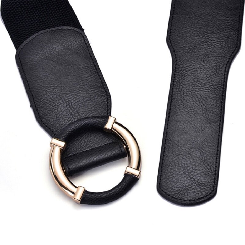 المرأة مطاطا حزام مشد النساء الخصر أحزمة الاتجاه الذهب دائرة مشبك حزام عالية الجودة تمتد واسعة حزام أسود DT072