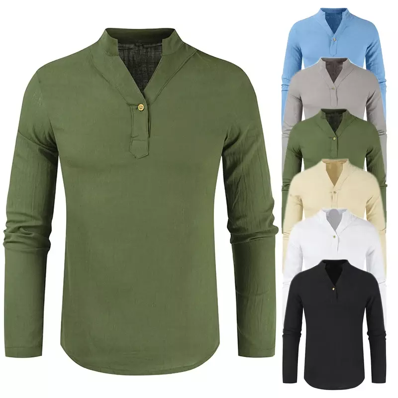 Fashion V-Neck Solid Color Long Sleeve Loose Men's Shirt One Button Stand Collar Shirt Beach Male Casual Shirt Clothing For Man