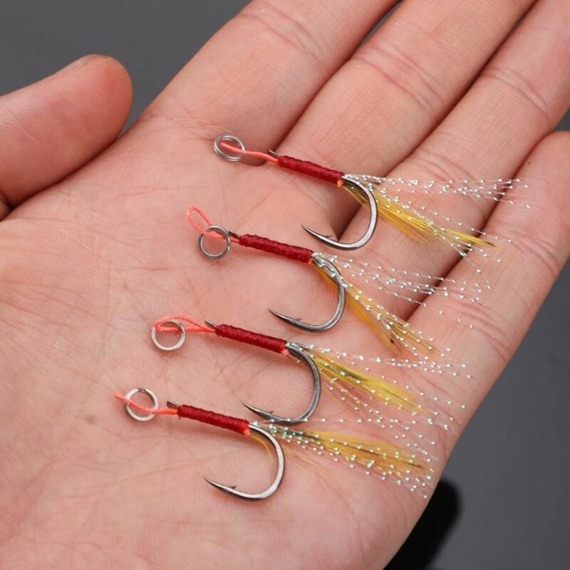 10pcs Colored Feather Iron Plate Single Hook High Tensile Force With Thread Feather Eye-catching with Barbs Ocean Boat