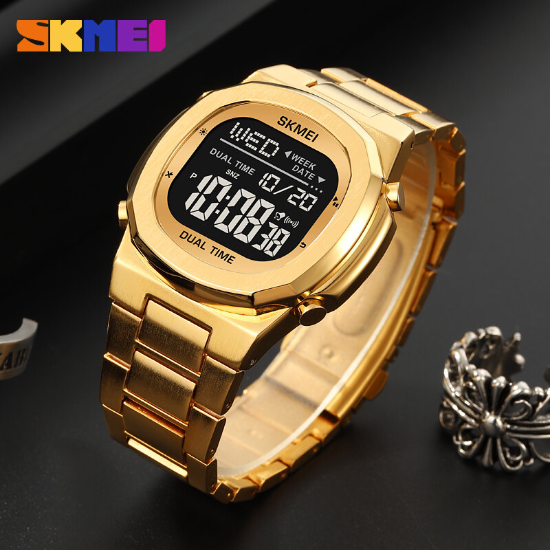 SKMEI นาฬิกาข้อมือดิจิทัลสำหรับผู้ชาย, นาฬิกาสแตนเลส Jam Tangan elektronik ของแท้จับเวลานับถอยหลังมีไฟ LED นาฬิกากีฬา2023