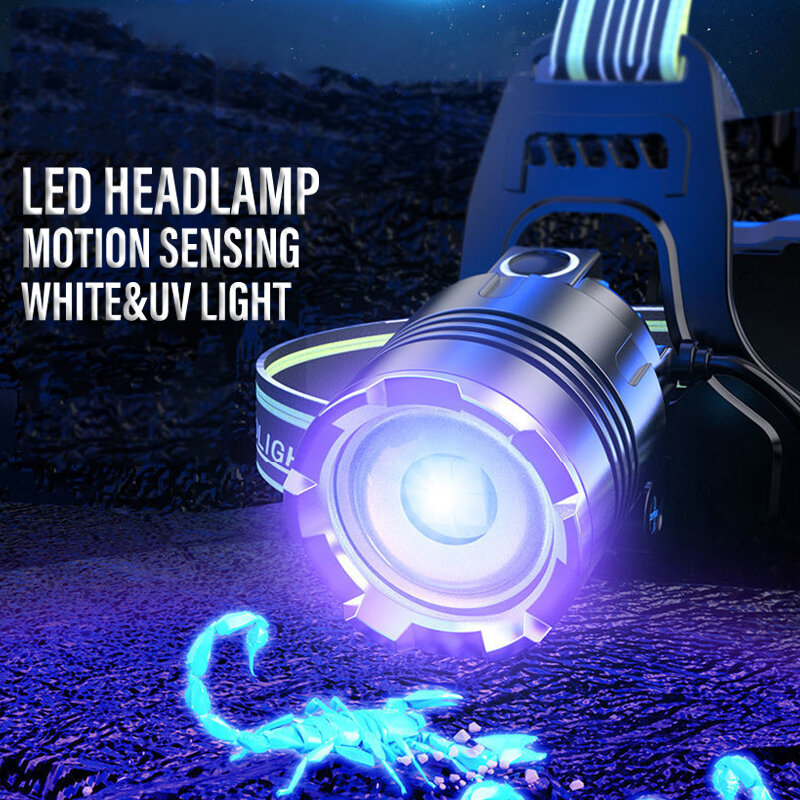 Farol LED impermeável com sensor de movimento, USB recarregável, farol exterior, lanterna de acampamento, lanterna zoom, branco e UV, luz dupla, E2