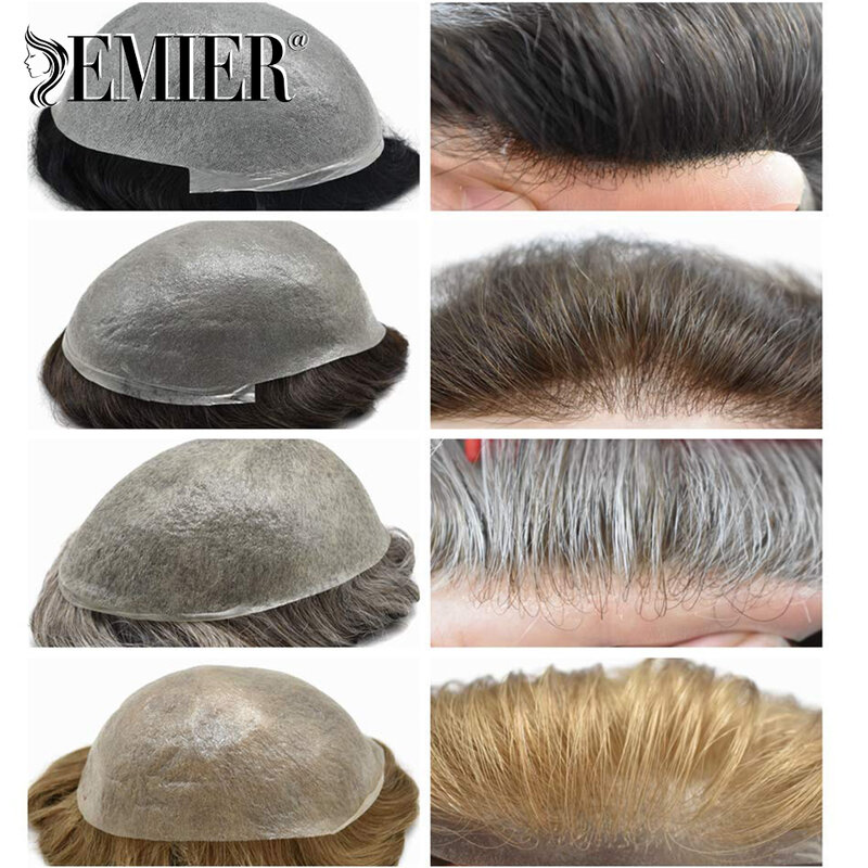 Мужской парик с завитками 20 мм, натуральный черный, 0,1 мм, Сверхтонкая кожа, V-образная основа, система человеческих волос, прочный протез, замена волос