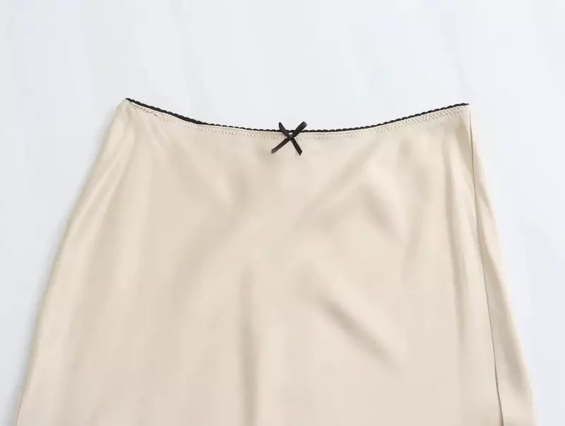 Women New Chic Fashion Bow decoration Casual Silk texture draped Pleated Midi Skirt Vintage Elastic Waist Female Skirts Mujer