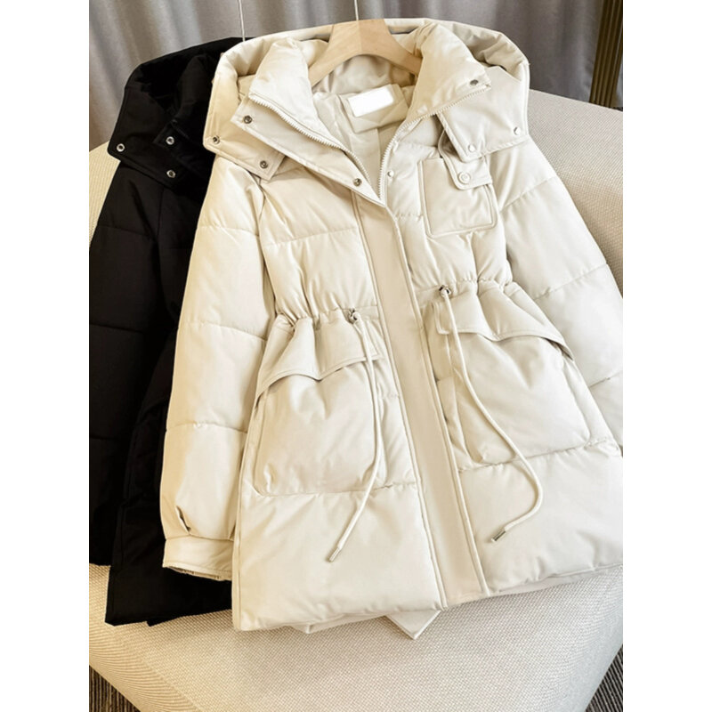 Damskie jesienno-zimowe nowe bawełniane kurtki damskie koreański styl jednolity kolor płaszcze z kapturem gruba termiczna damska biurowa odzież wierzchnia