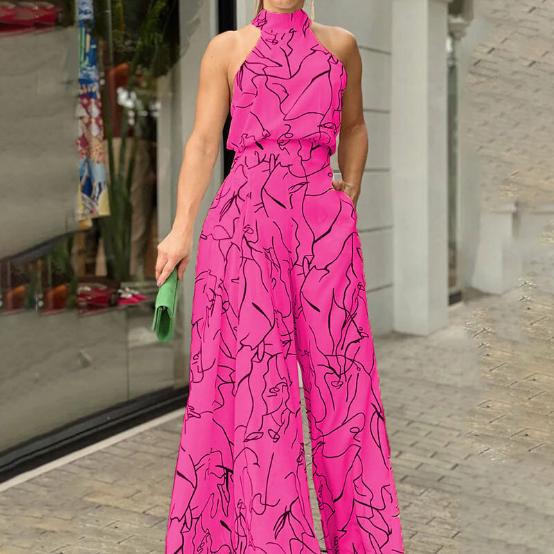 여성 인스타그램 라운드넥 넥타이, 슬림한 다색 프린트 점프수트, 새로운 패션