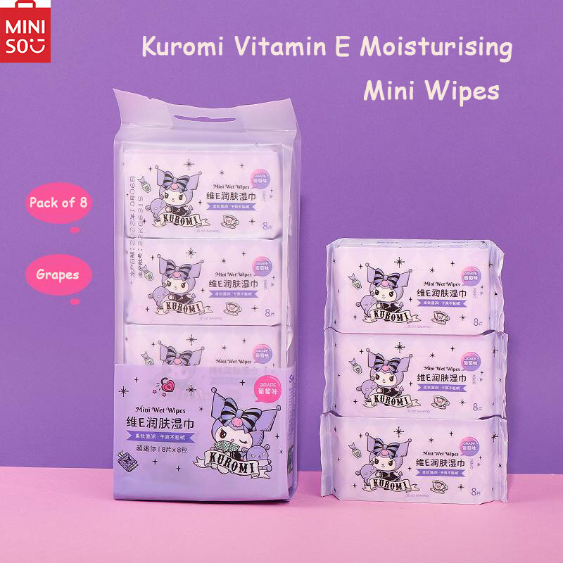 MINISO-Mini lingettes hydratantes à la vitamine E, aromatisées au raisin, faciles à transporter, soulagement frais de la chaleur estivale, en stock, Kuromi Kuromi
