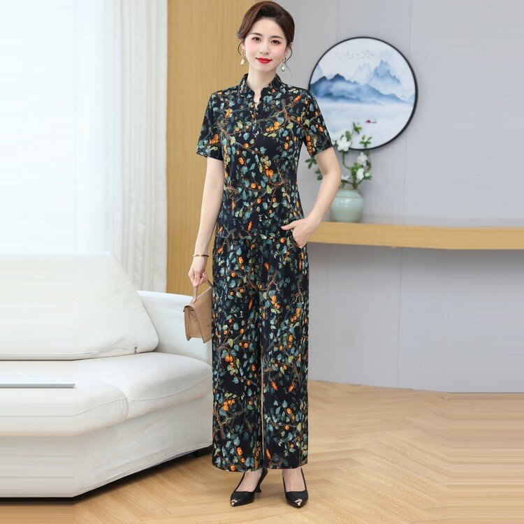 Conjunto feminino de calças largas com duas peças, roupas elegantes, estampa vintage, roupas casuais de verão, estilo coreano, novo