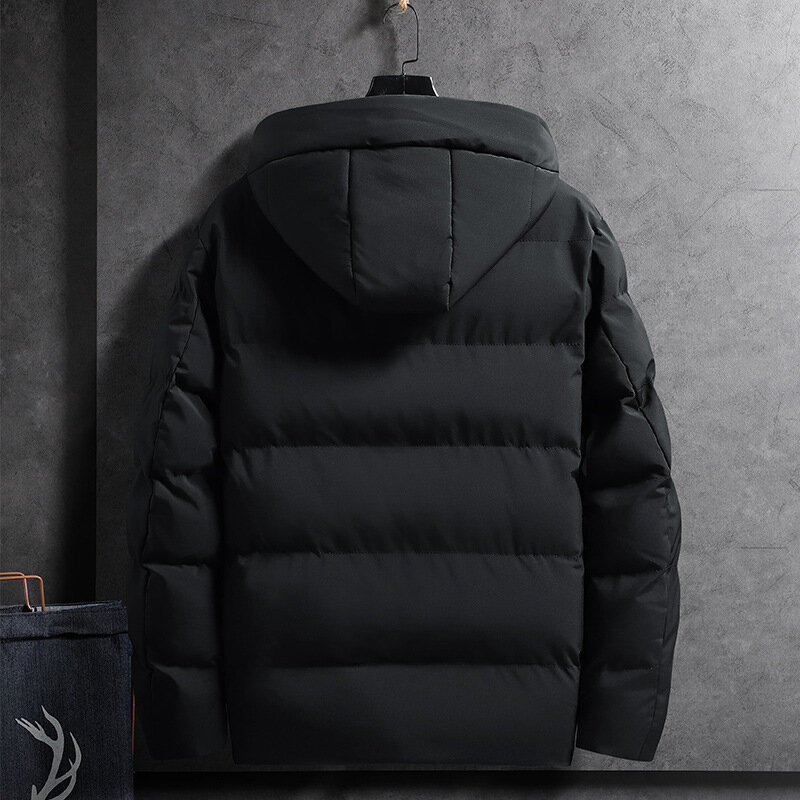 Jaket tebal musim dingin pria, mantel hangat warna polos kasual bertudung Parka empuk ukuran besar 4XL luar ruangan