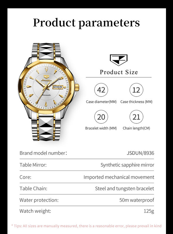 JSDUN 남성용 오리지널 기계식 시계, 방수 스테인레스 스틸 밴드, 골드 손목시계, 날짜 자동 시계, 남성용 정품