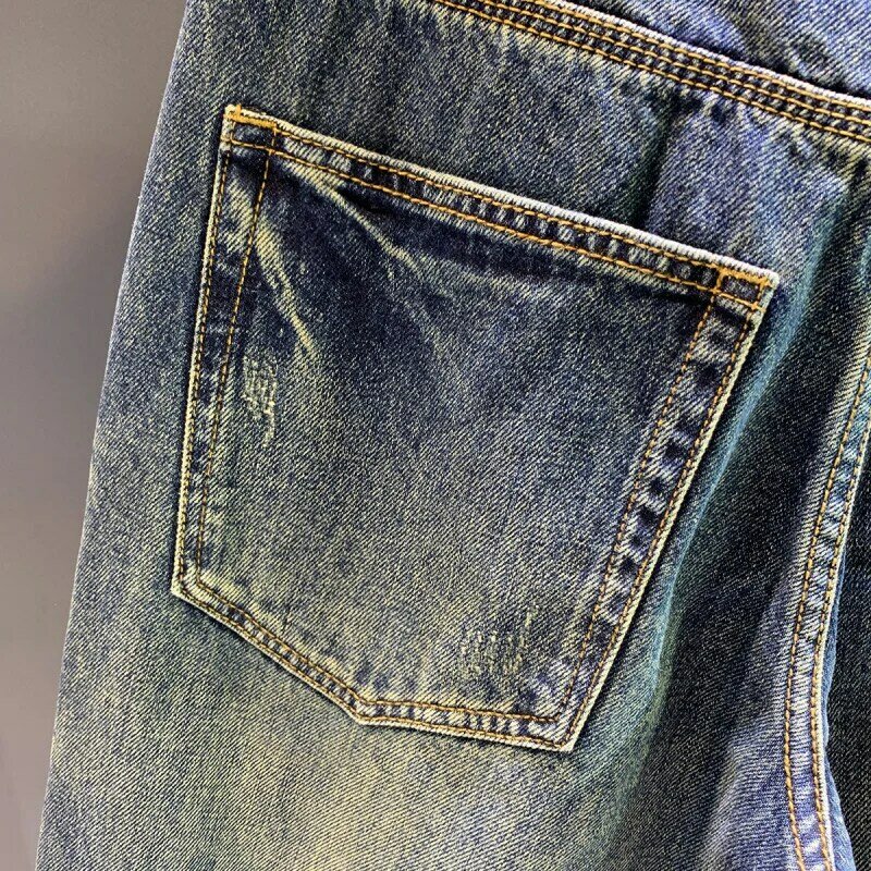 Calça jeans reta solta masculina, remendo personalizado na moda, calça jeans longa casual, marca da moda da rua alta, retrô, nova
