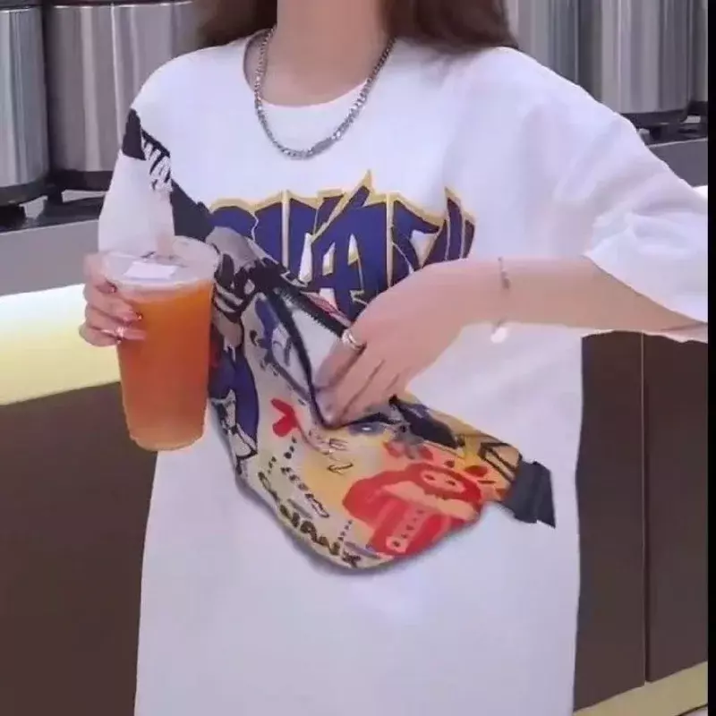 Harajuku letnia torba na zamek błyskawiczny z krótkim rękawem Graffiti nowa koszulka z krótkim rękawem damska koreańska luźna odzież damska Top Y2k