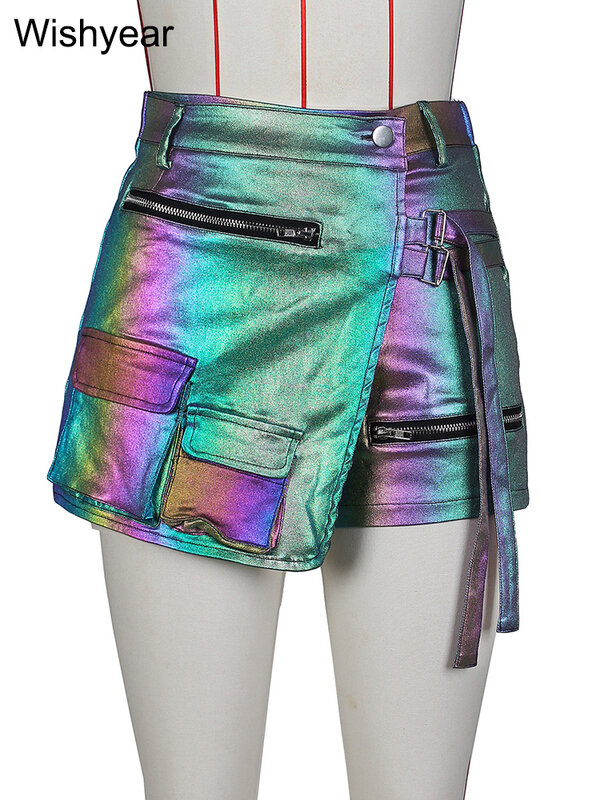 Elegant Irregular Stretch Shorts Skirts Summer Beach Women Pockets Zippers Metallic Short Cargo Pants Birthday Club Bottoms 2024