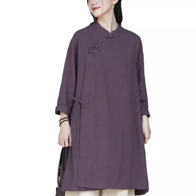 Pakaian wanita katun berkancing dan Linen, jubah gaya China Retro tali ikat depan miring dengan kancing