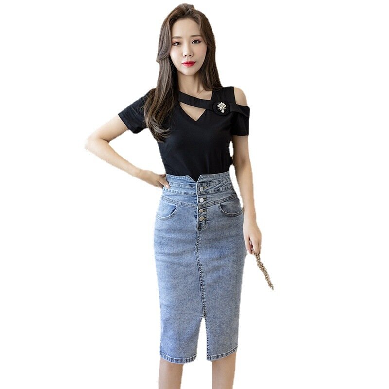Женская джинсовая юбка средней длины, с завышенной талией