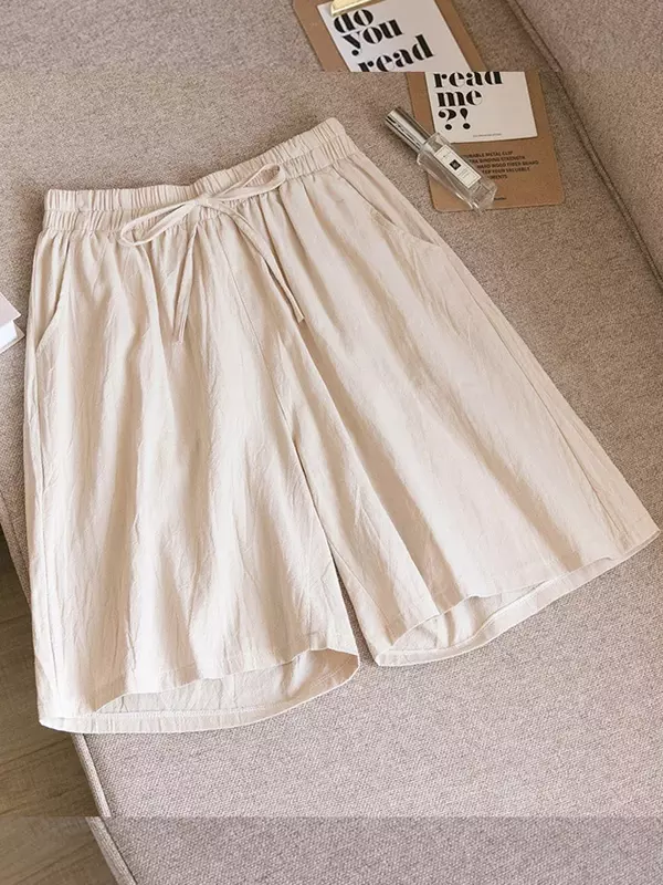Celana pendek pantai Linen katun musim panas baru 2024 celana pendek dasar wanita celana panjang kaki lebar Mini pakaian jalanan rumah kasual mode wanita
