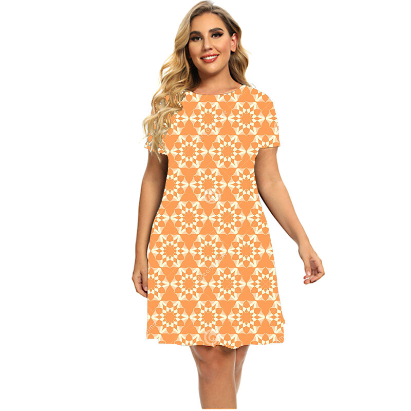 Женское свободное платье с коротким рукавом, винтажное платье с геометрическим принтом, большие размеры 5XL 6XL, лето 2023