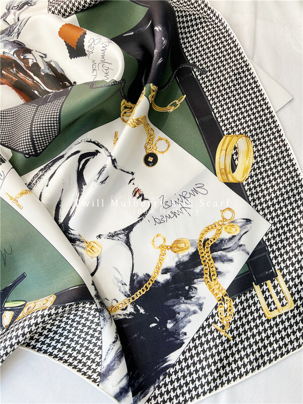 순수 뽕나무 실크 스카프, 명품 밑단 롤드 반다나 숄, 디자이너 여성 스카프 액세서리, 14mm, 90cm 스톨
