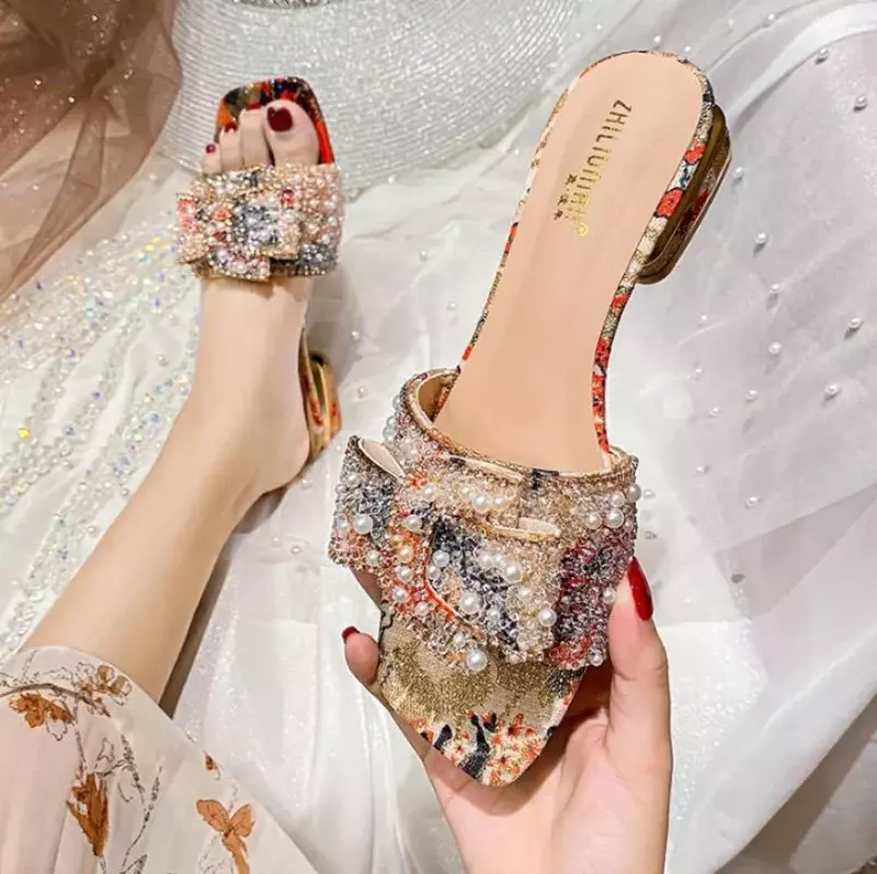 2024 New Chunky Heel Fashion Flat Ladies Rhinestone Slippers Women's Shoes Comfort Summer Peep Toe Woman Shoes Zapatos Mujer