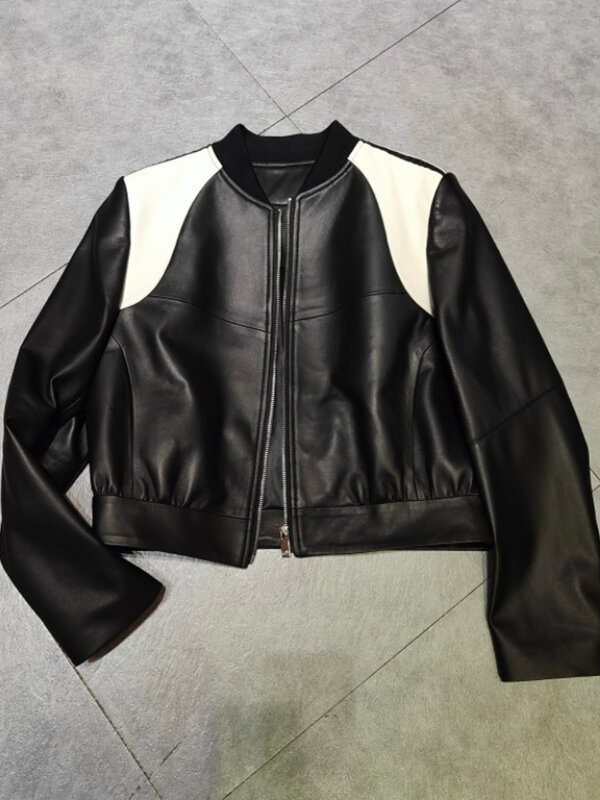 2023 Genuine Women Sheepskin Coat Fashion White Black Splicing Real Leather Jacket Spring Autumn New Outerwear Streetwear