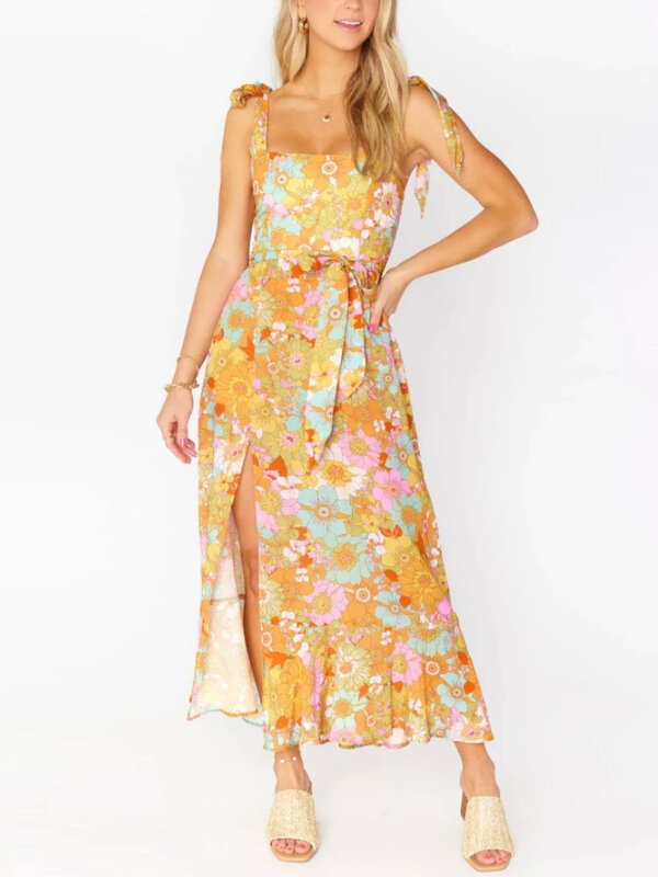 Vestido de verano con tirantes para mujer, traje elegante con estampado Floral, cinturón dividido, con cordones, sin mangas, 2024