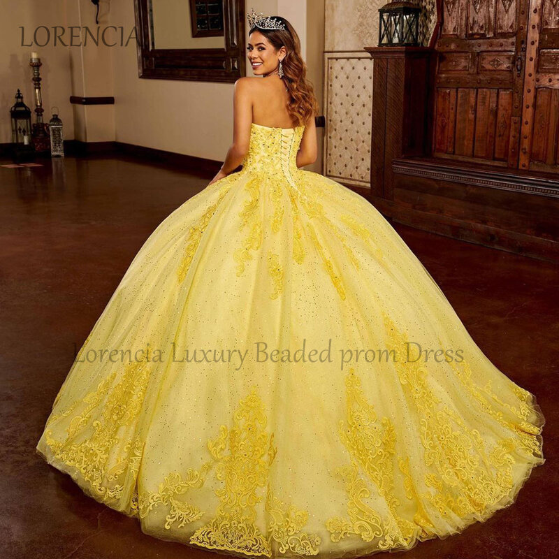 Żółta 2024 meksykańska suknia z koralikami aplikacja z koronki słodka 15 16 suknia balowa kwiat bez rękawów formalne devidos De XV Anos