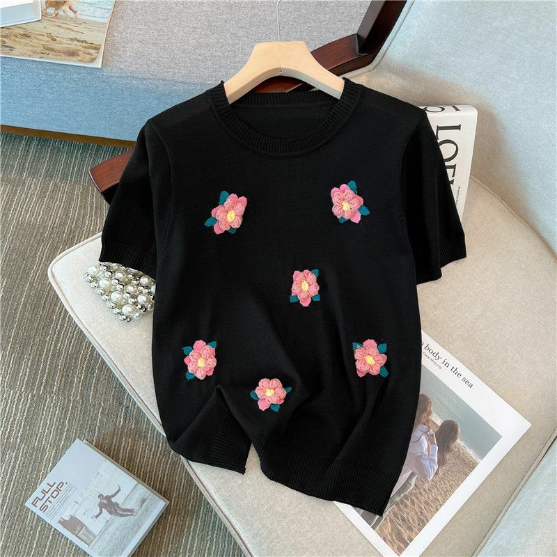 여성용 라운드넥 단색 산뜻한 캐주얼 티셔츠, 우아한 루즈핏 편안한 한국 꽃 뜨게 탑, 2024 여름 신상