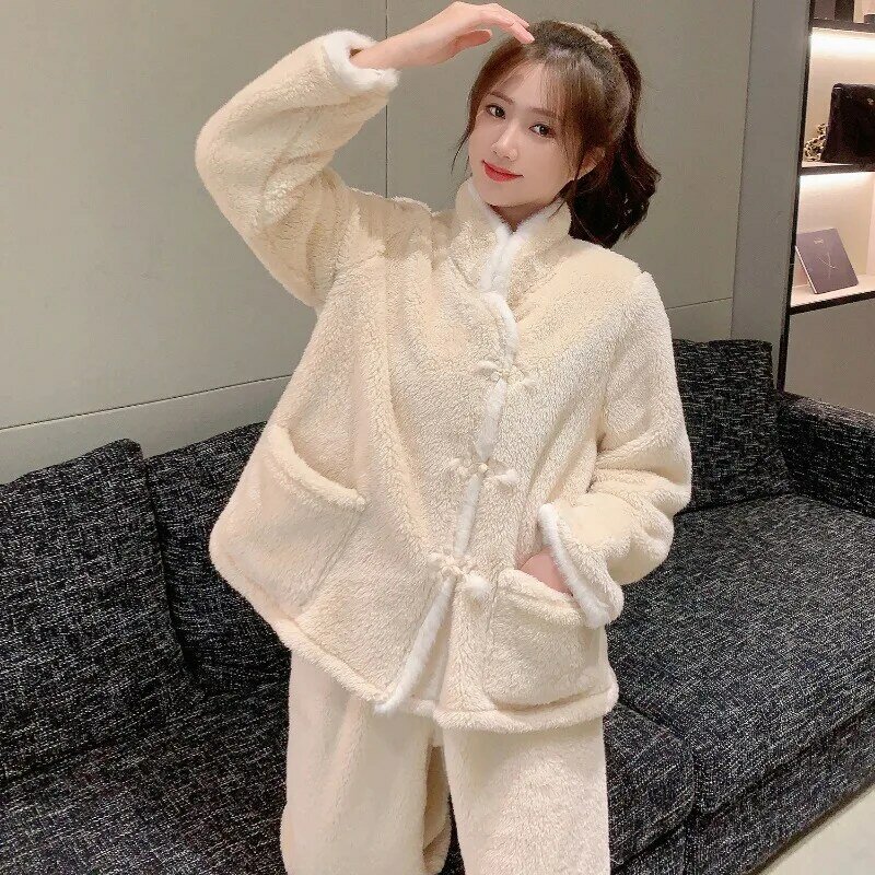 Coral fleece Pajamas Women's wintertime flannel Chinese style ancient style brushed intensification Long sleeve loungewear