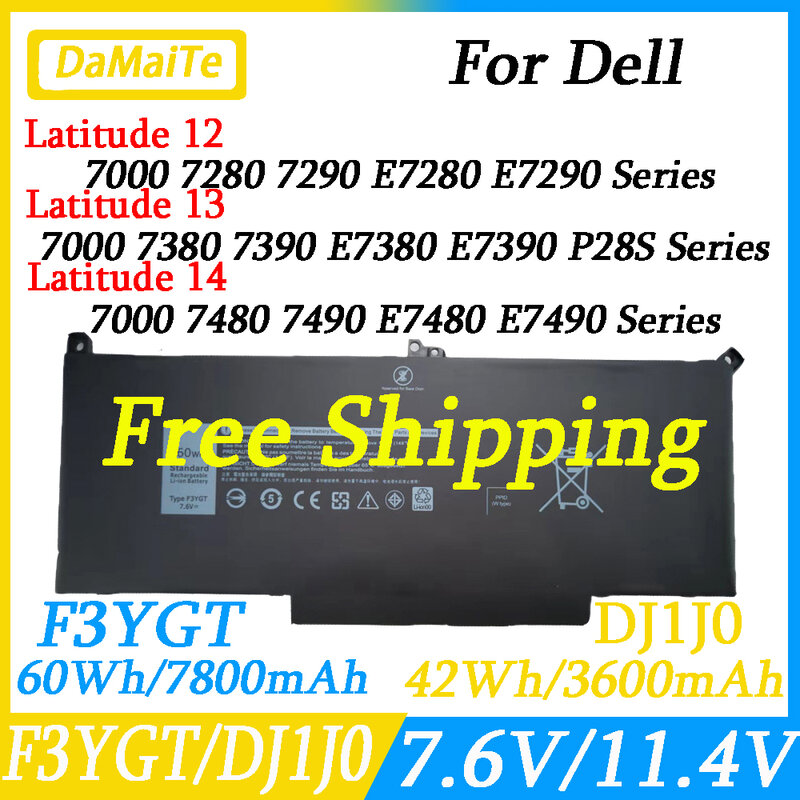 Batteria per Laptop F3YGT DJ1J0 per Dell 7480 2 x39g Latitude 12 7000 7280 7290 E7280 E7290 E7380 E7390 13 7000 7380 7390 14 7480 7490