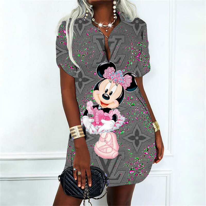Abiti da donna eleganti di moda coreana per la festa 2024 abito Polo abbigliamento donna scollo a v Mickey Disney Y2k Minnie Mouse Sexy