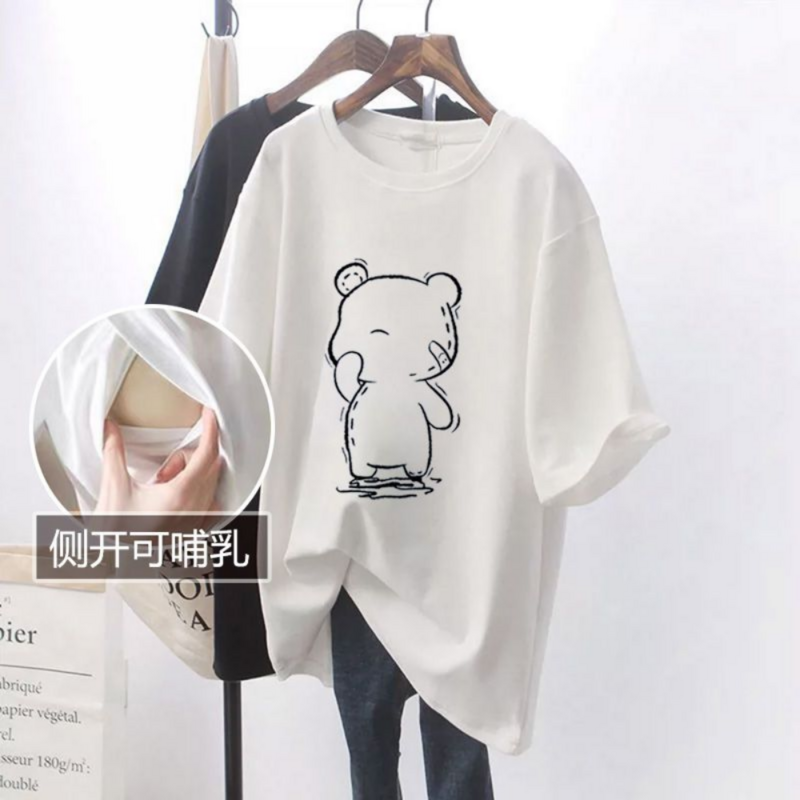 Camiseta de lactancia de algodón de manga corta para mujer, Camiseta con estampado de moda, ropa de lactancia materna, camisetas de embarazo 2024