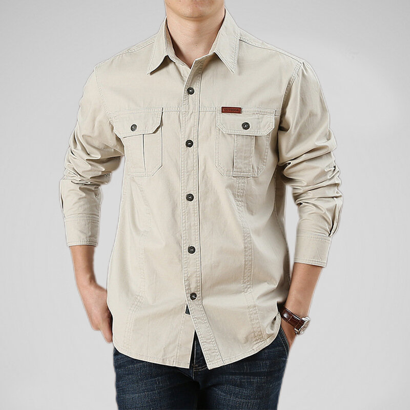 Camisa 100% de algodón para hombre, camisa de carga de alta calidad con múltiples bolsillos, Color sólido, informal, de manga larga, para exteriores, a la moda, nueva