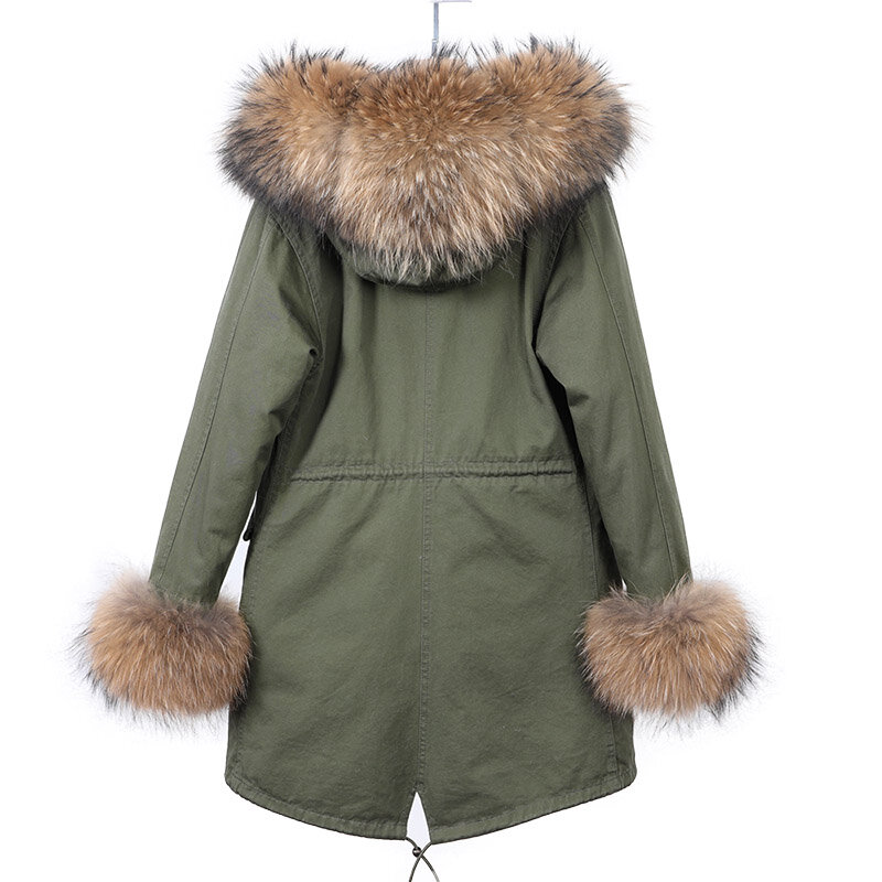 MAOMAOKONG 2023 Winter Hooded Thick Natural Real Raccoon Fur Collar Placket with Cuffs Down Jacket Woman Parkas Long Puffer Coat