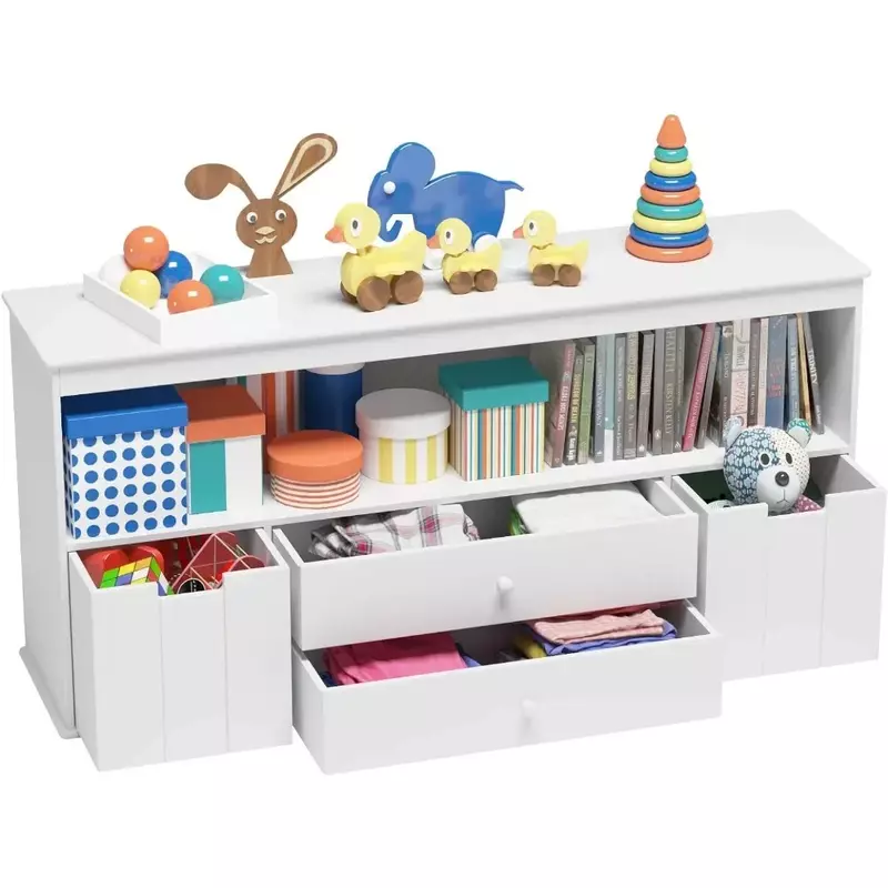 Timy 51.9" Toy Storage Organizer with 2 Drawers, Wooden Toy Organizer Bins,  Kids Closet,  Kids Book Storage