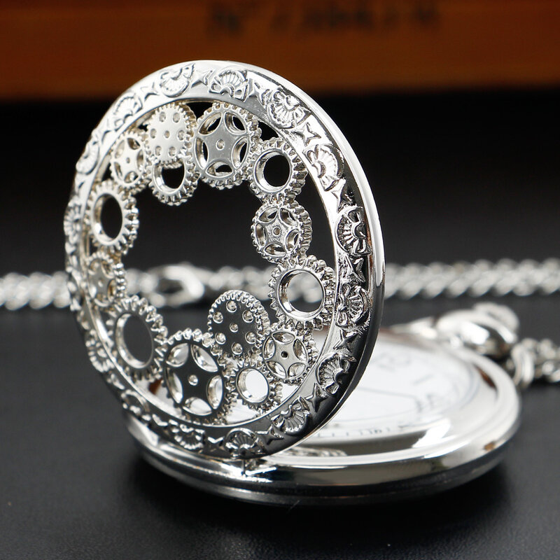 Steampunk Vintage Gear z ażurową dekoracją kwarcowy kieszonkowy zegarek naszyjnik koło biegów analogowy projekt wisiorek łańcuch zegarowy mężczyźni kobiety