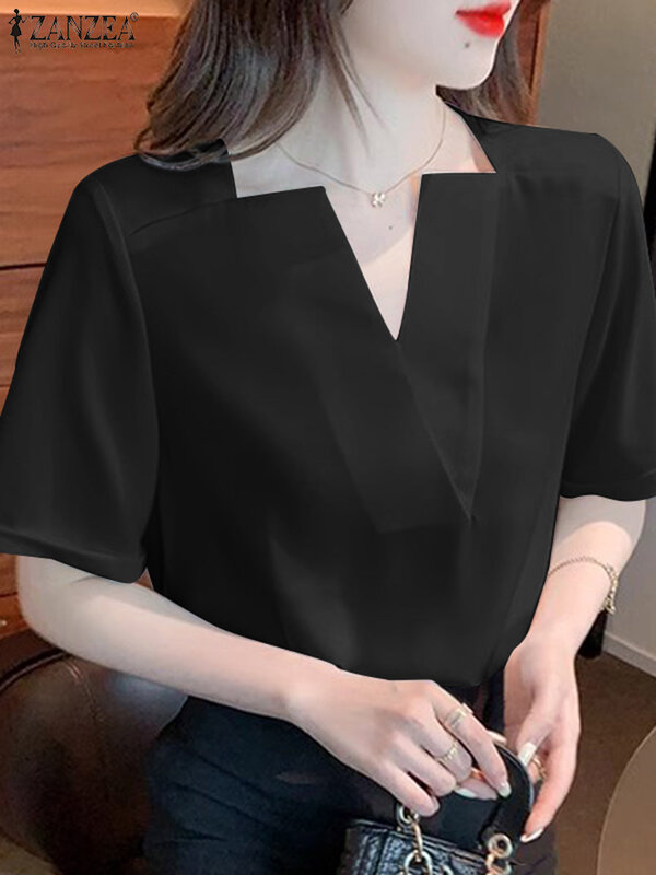 ZANZEA blus atasan wanita lengan pendek, kemeja kantor elegan warna putih, atasan lengan pendek leher-v gaya Korea Musim Panas 2024, Blus tunik komuter