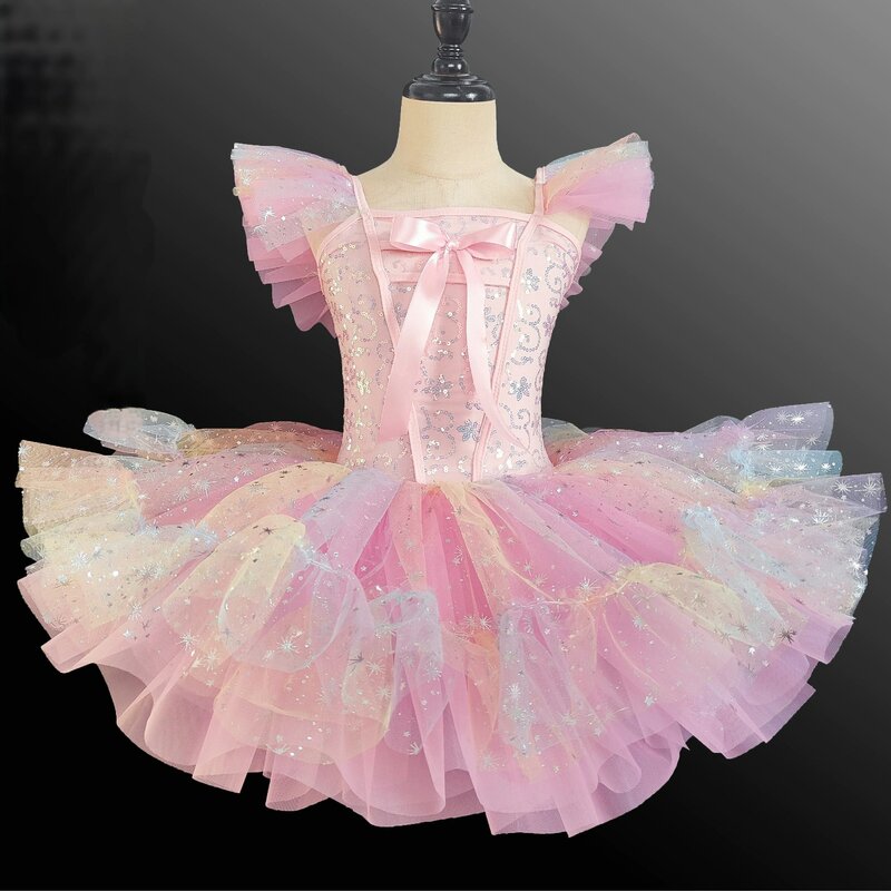 Vestido de Ballet con lentejuelas de encaje para niña, vestido de actuación de cisne, vestido de escenario de gasa esponjosa