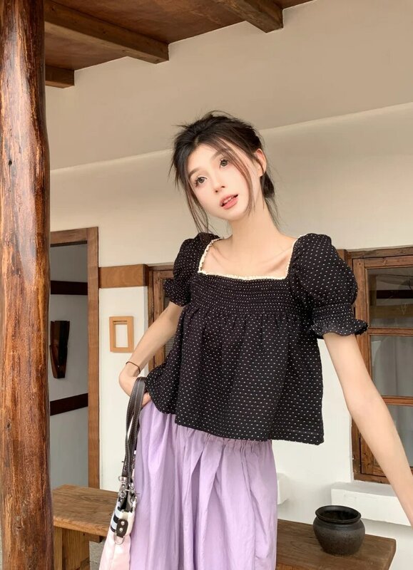 French Style Female Polka Dot Shirt Lace Patchwork Square Collar Ruffled Puff Sleeve Short Design Woman Tops Young Girls Blouses