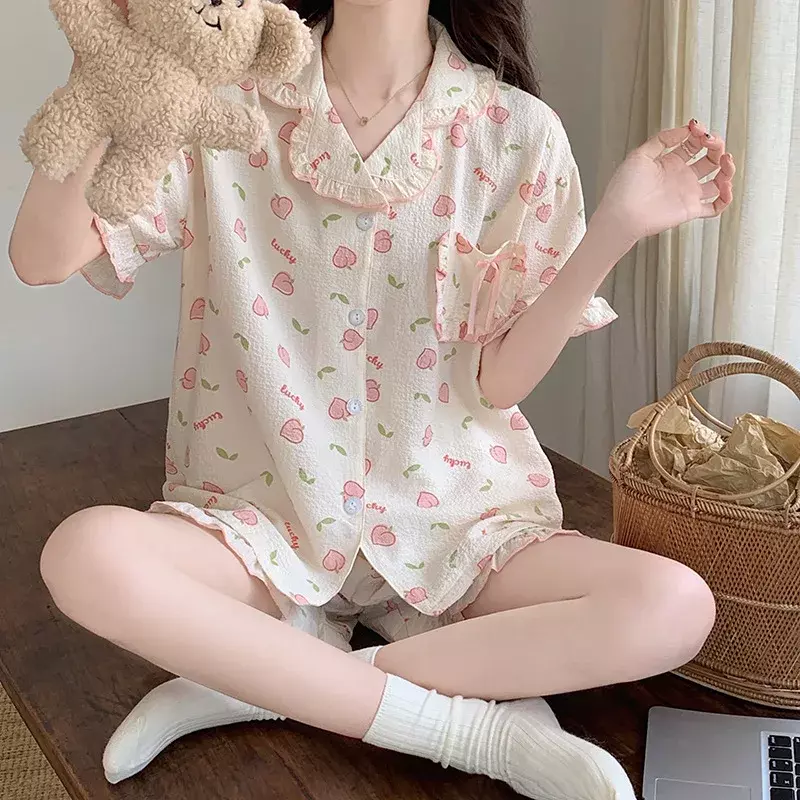 Conjunto de Pijama con estampado de melocotones para Mujer, ropa de dormir de manga corta con botones, 2 piezas, Verano