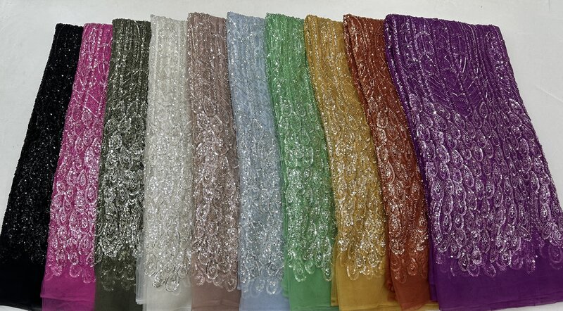 Latest African Heavy 3D Lace Nigerian Fabric High Quality Beaded Embroidery French Sequins Tulle Lace For Wedding Party Dress