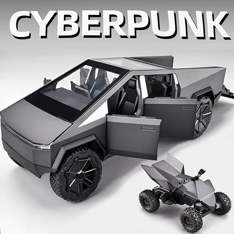 Modelo de caminhonete prateado com som e luz para crianças, Cybertruck, Diecast Metal Toy Cars, idade 3 anos, 1:24