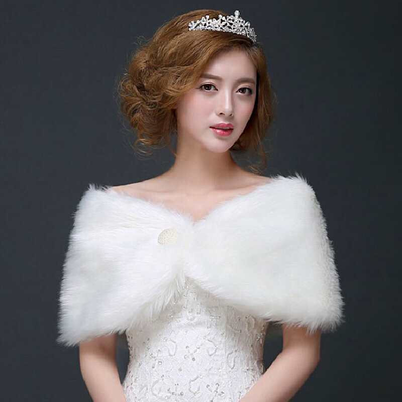 Wedding Faux Fur Shawl with Pearl Button Long Plush Noble Scarf Wrap Women Shrug Elegant Winter Warm Dress Clothes Accessories