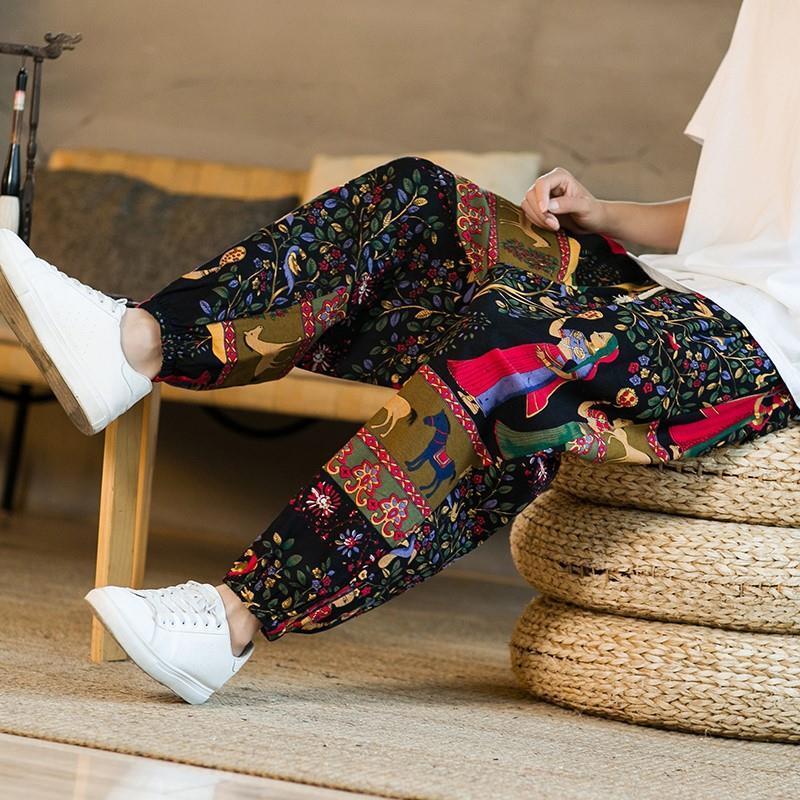 Calças estampadas Bohemia masculinas, streetwear japonês de Harajuku, calça casual estilo chinês, moda algodão linho, calças Nepal, streetwear
