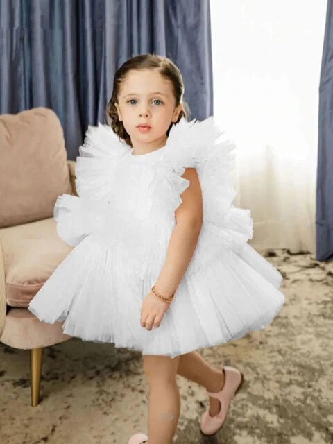 Warstwowe falbany tiulowa kwiecista sukienka dziewczęca krótki Mini sukienka na przyjęcie bożonarodzeniowe ślubny dla dziecka bez rękawów pierwsza komunia suknia księżniczki