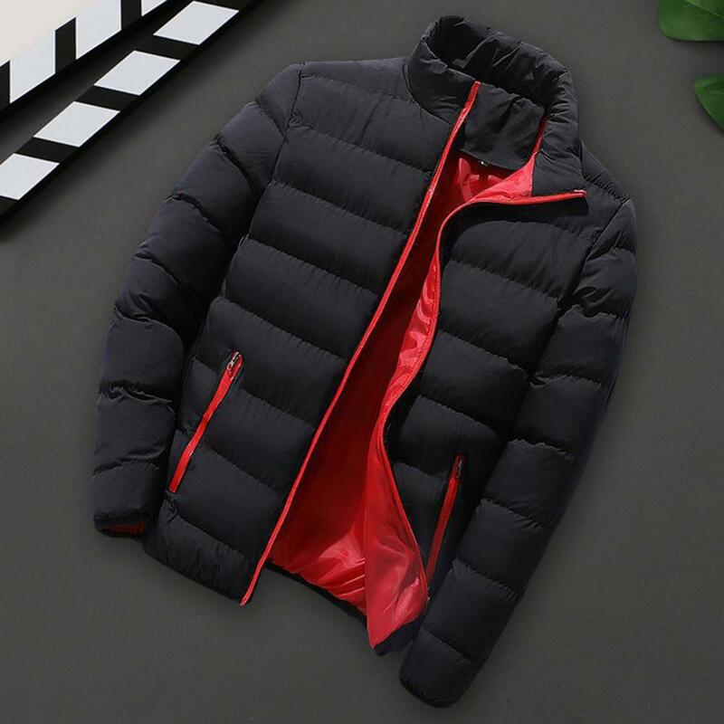 Mens Winter Jackets Fashion Windbreaker Stand Collar Thermal Coat Padded Thick Solid Color Zipper Closure Long Sleeve Men Jacket
