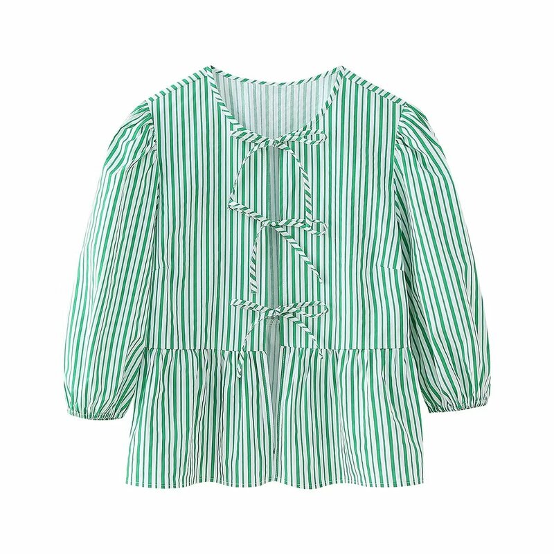 Camisa plisada de manga larga con cuello redondo para mujer, blusa holgada informal a rayas con cordones, Top elegante, 2024