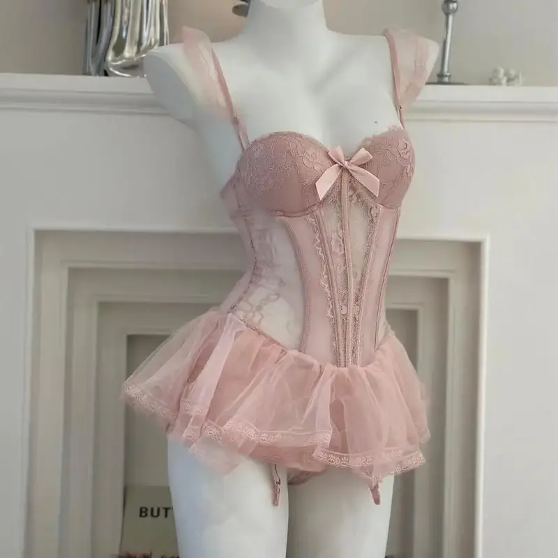Sexy Kanten Mesh Doorzichtig Nachtkleding Roze Tule Bodysuit Vrouwen Fee Prinses Dromerige Nachtjapon Lieve Ondergoed Lingerie Outfits
