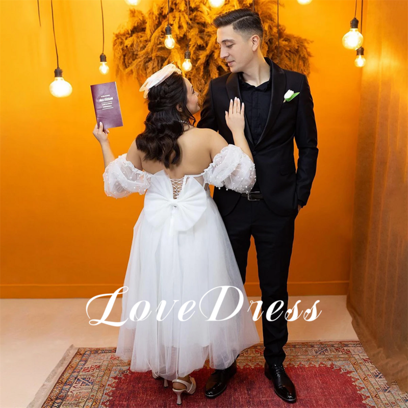 LoveDress-Elegant Pearls Tulle Vestidos De Noiva, Fora Do Ombro Vestidos De Noiva, Querida Laceup, Manga Removível, Comprimento De Chá