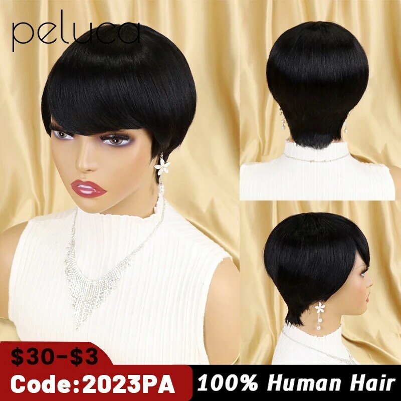 Krótka fryzura Pixie peruka brazylijski tanie ludzkie włosy peruki z grzywką dla czarnych kobiet pełna maszyna wykonana Glueless krótka peruka z grzywką